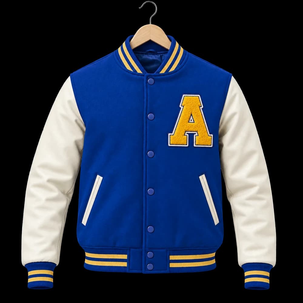 Blue varsity jacket with a gold chenille letter