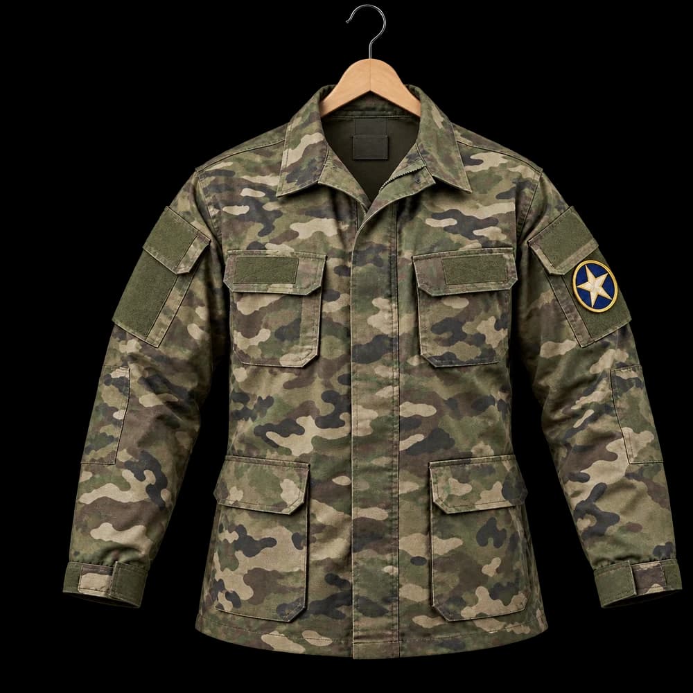 Camo field jacket with a round star patch on the sleeve