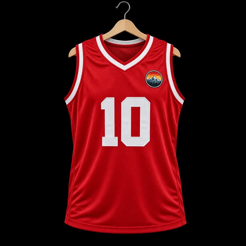 Red basketball jersey with a mountain chest patch