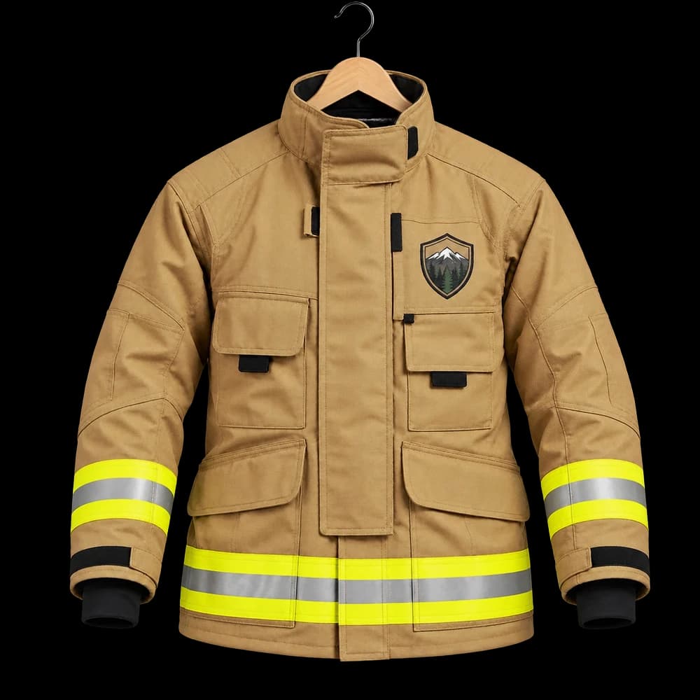 Firefighter turnout coat with a mountain shield patch