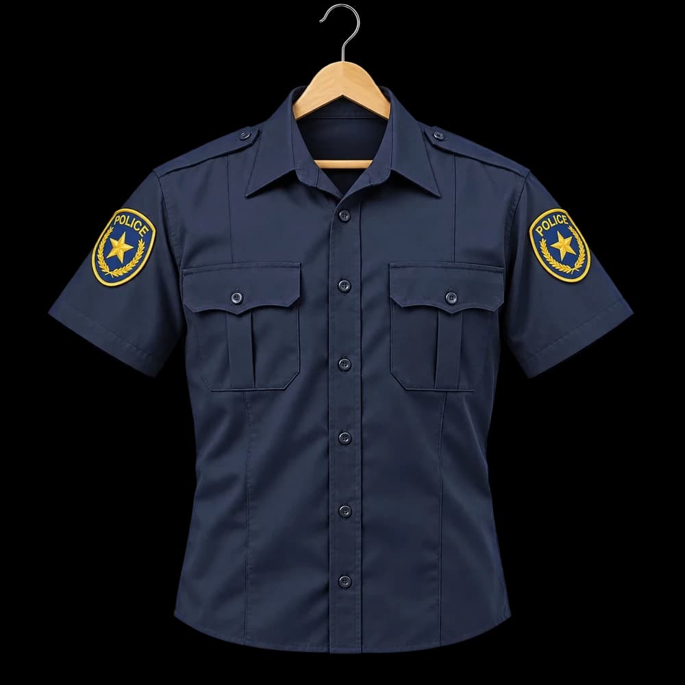 Navy uniform shirt with embroidered shoulder patches