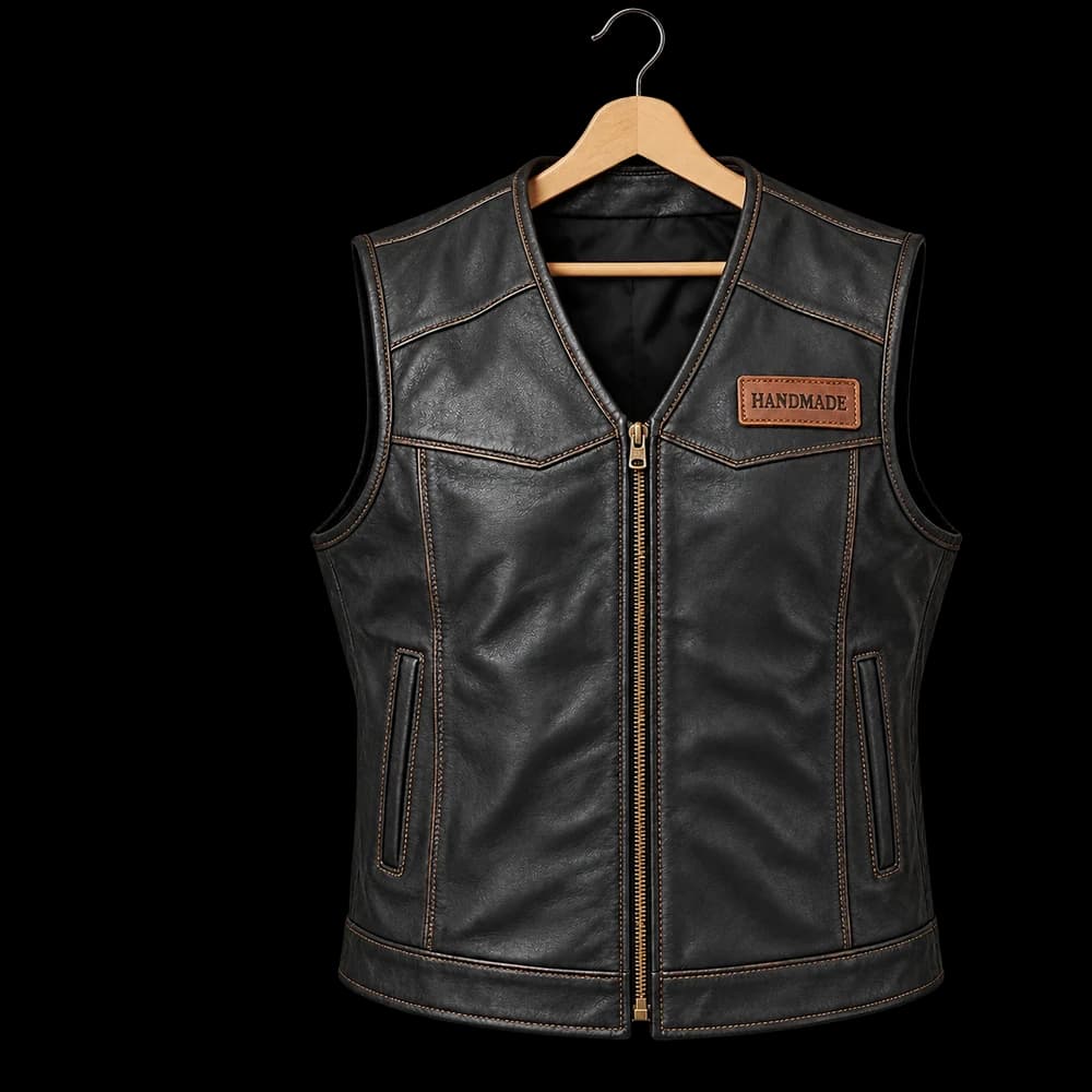 Black leather vest with a leather name patch